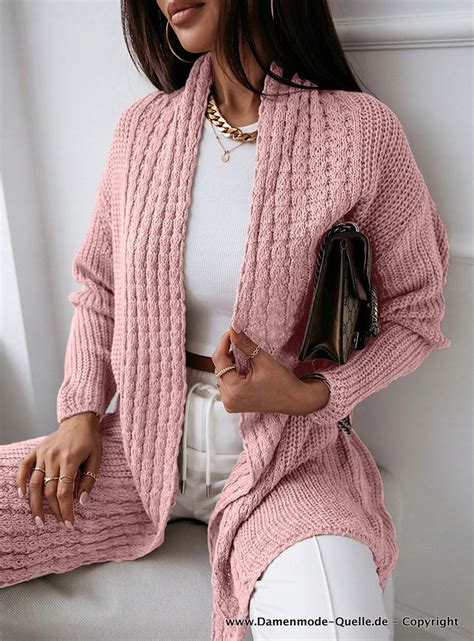 Damen Oberbekleidung Lange Strickjacke Cardigan Elegant In Rosa