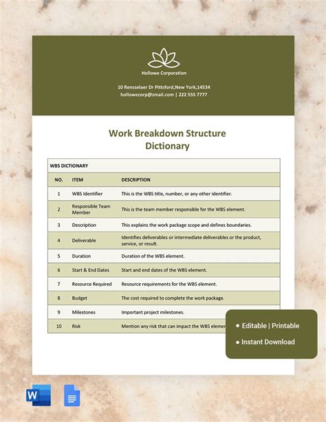 Work Breakdown Structure (WBS) Dictionary Template in Google Docs, Word ...