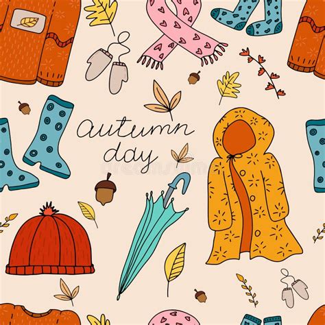 Autumn Season Clothes Set Hand Drawn Doodles And Lettering Vector