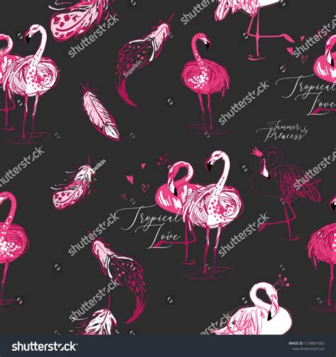 Flamingo Feather Pattern Seamless Black Background Stock Vector