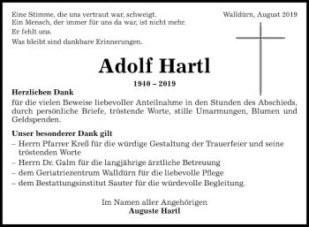 Traueranzeigen Von Adolf Hartl Trauerportal Ihrer Tageszeitung