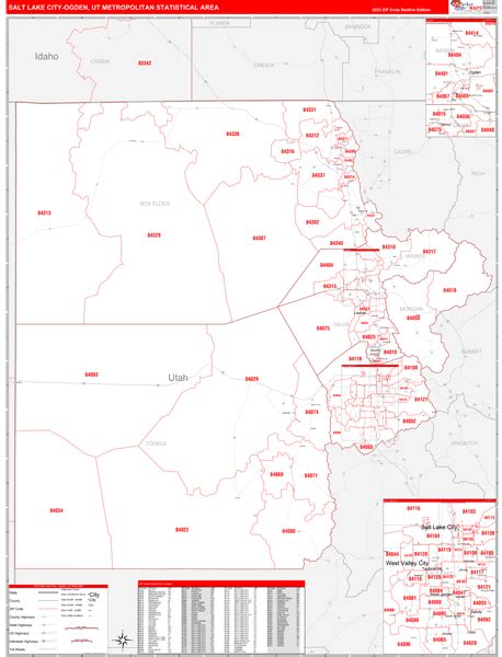 Salt Lake City Metro Area UT Wall Map Red Line Style