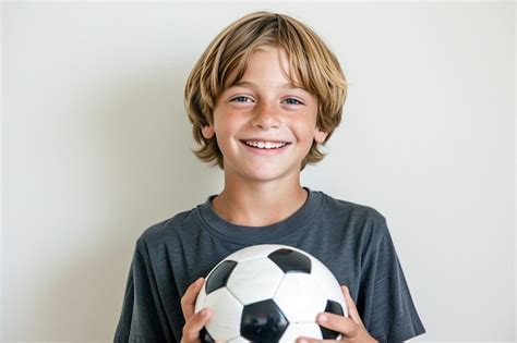 Premium Photo Handsome Boy Holding A Soccer Ball In His Hands Posing