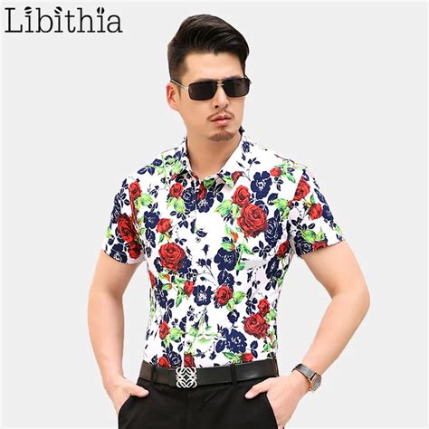 Mens Floral Dress Shirts Slim Fit Cotton Casual Short Sleeve Blouse Big