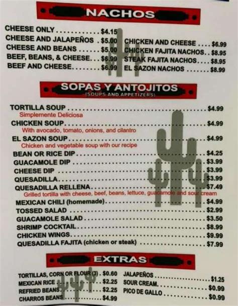 El Sazon Mexican Restaurant Menu In Jefferson City Tennessee USA