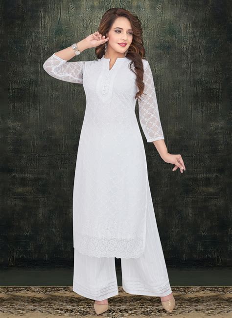 Buy Online Georgette White Embroidered Salwar Kameez 158994