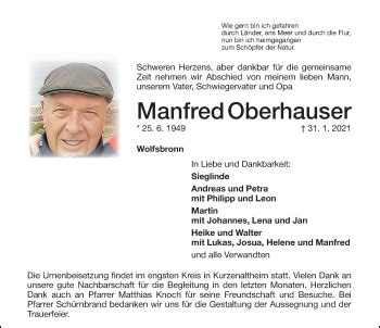 Traueranzeigen Von Manfred Oberhauser Trauer Nn De