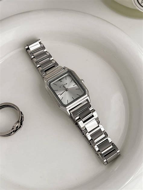 1pc Women Silver Stainless Steel Strap Casual Water Resistant Square