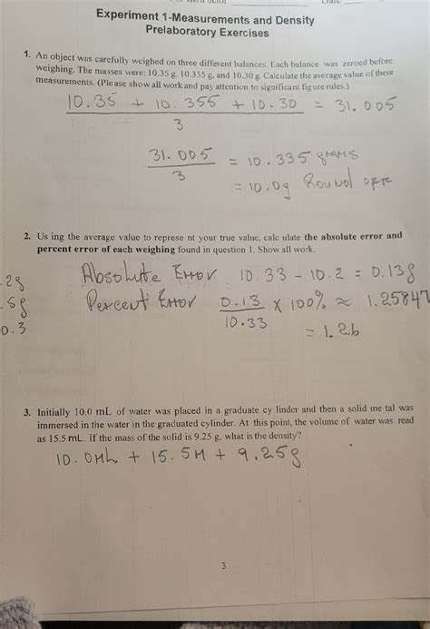 Solved Experiment 1 Measurements And Density Prelaboratory