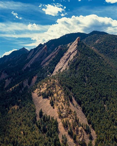 Epic Drone View Of Boulder Flatirons In Colorado During Summer Stock