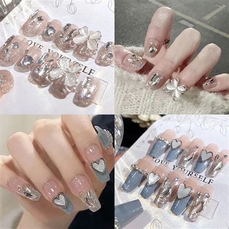 Medium Length Fake Nails 3D Flower Pearl Designs Nude Pink Color Press