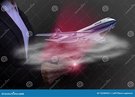 With Tablet Plane Takes Off Concept Of High Tech Aviation Stock Image