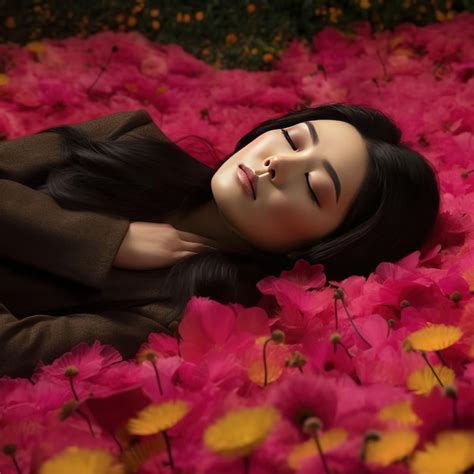 Una Mujer Duerme En Un Lecho De Flores Con Los Ojos Cerrados Foto