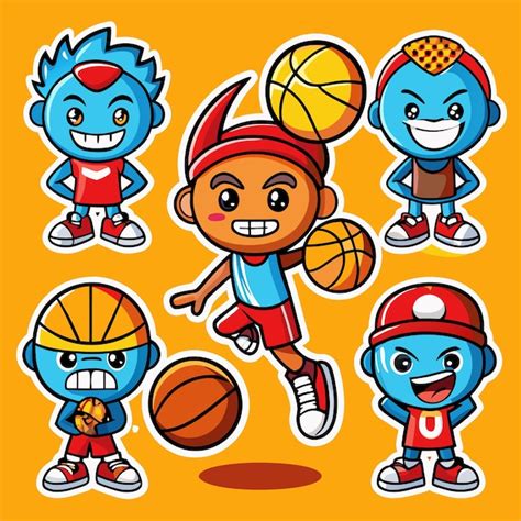 Cartoon characters playing basketball with one character jumping while ...