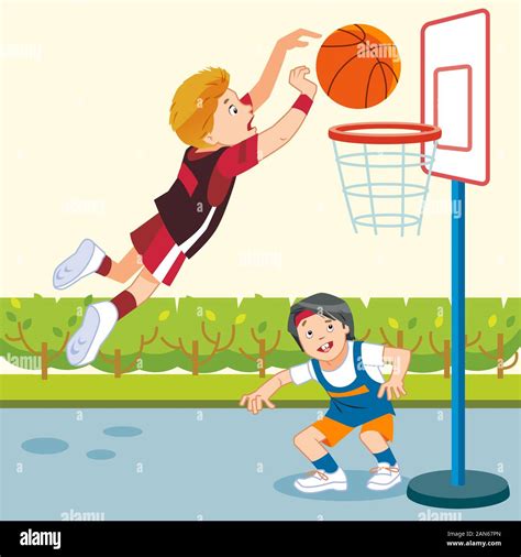 Kids playing basketball in a playground. Cartoon, flat style vector ...