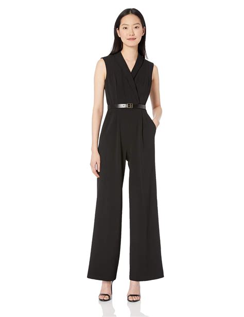 Calvin Klein Sleeveless Belted Jumpsuit With V Neck Collar In Black