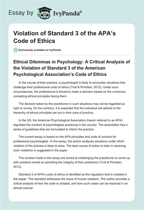 Violation Of Standard 3 Of The Apas Code Of Ethics 1101 Words