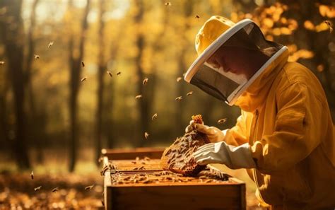 Premium Photo Beekeeper In Protective Workwear Holding Honeycomb Outdoors