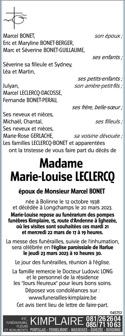 Avis De Décès De Marie Louise Leclercq Décédé Le 20 03 2023 à