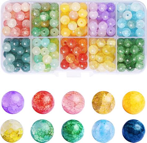 FINEASY 250 Pcs Perles en Verre Rondes Craquelé 8mm Assortiment de