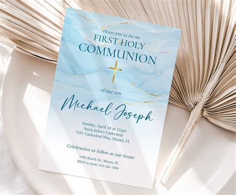 Editable Blue First Holy Communion Invitation Blue Ombre Watercolor