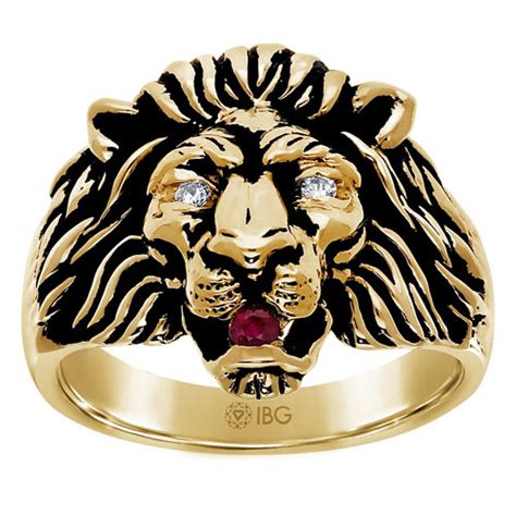 10k Yellow Gold Mens Lion Head Ring With Ruby And Diamonds 05384xx0g