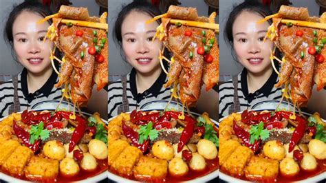 Asmr Eating Spicy Food Chinese Big Bowl Spicy Hot Pot Malatang Mukbang Porridge And Spicy Tofu