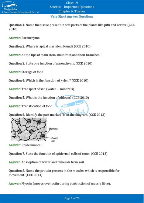 Important Questions For Class 9 Science Chapter 6 Tissues Study Path