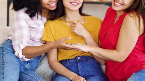 Happy Girl Showing Engagement Ring To Her Friends At Home Stock ビデオ Adobe Stock