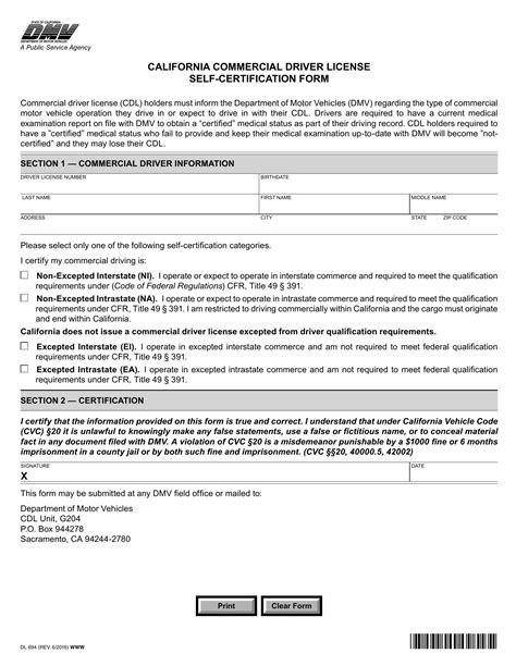 Ca Dmv Form Dl 694 California Commercial Driver License Self