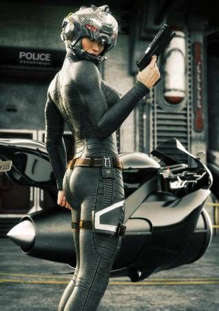 Science Fiction Female Police Officer Posing In Front Of Her