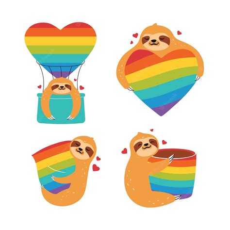 Premium Vector The Set Of Sloths Is Hugging Rainbow Hearts The