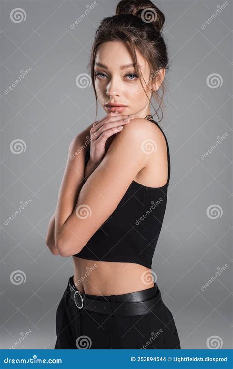 Seductive Brunette Woman Hugging Herself And Stock Photo Image Of
