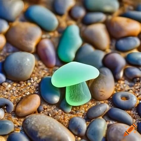 Mushroom Made Of Green Sea Cut Glass On Pebbles Beach