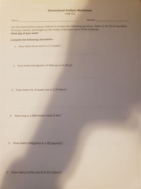 Solved Dimensional Analysis Worksheet Chm Name Section Chegg