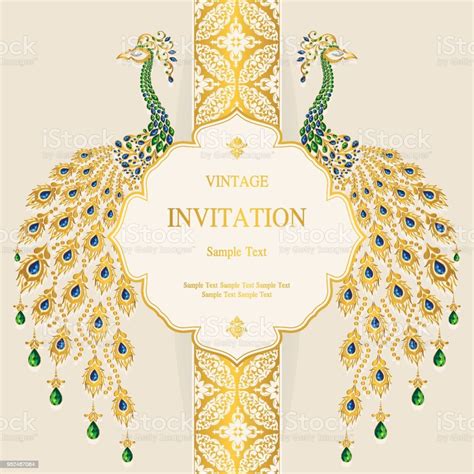 Wedding Invitation Card Templates With Gold Peacock Feathers Patterned