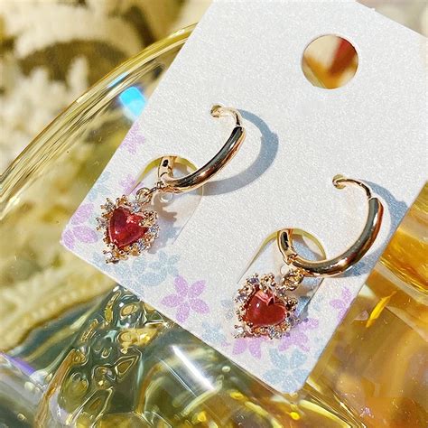 Mengjiqiao Korean Elegant Cute Red Heart Rhinestone Hoop Earrings For Women Girls Gold Color