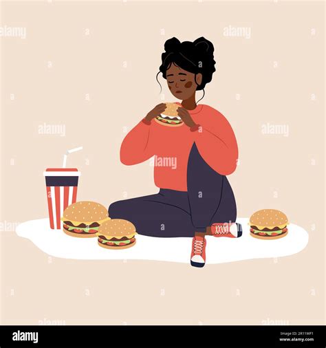 Eating Disorder Depressed African Woman Eating Fast Food Concept Of Extreme Overeating Bad