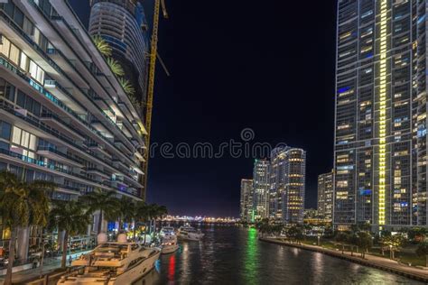 Miami River Night Water Reflections Apartment Buildings Downtown Miami