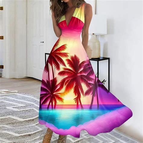 Purjkpu Womens Beach Dress Plus Size Tropical Printed Hawaiian Dresses Deep V Neck Sleeveless