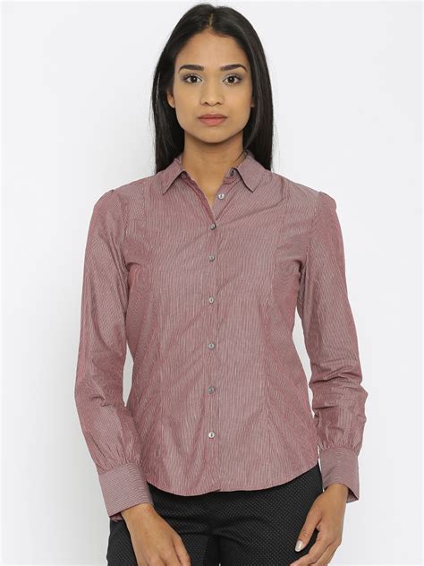 Buy Van Heusen Woman Burgundy White Regular Fit Striped Formal Shirt