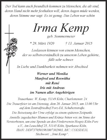 Traueranzeigen Von Irma Kemp Wirtrauern