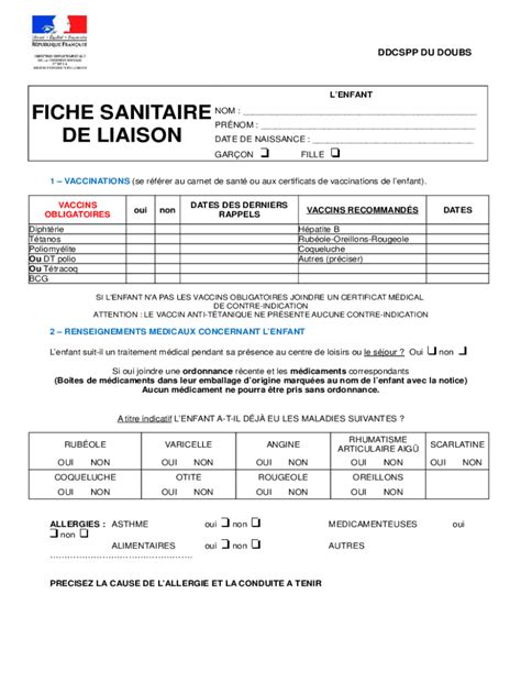 Remplissable En Ligne FICHE SANITAIRE DE LIAISON DE L ENFANT Nom Fax