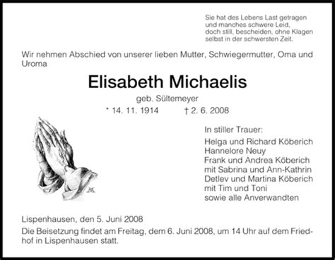 Traueranzeigen Von Elisabeth Michaelis Trauer HNA De