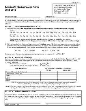 Fillable Online Uvm Graduate Student Data Form PDF University Of