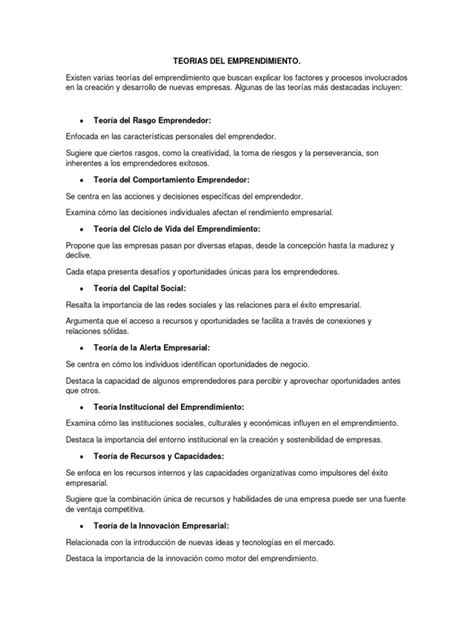 Teorias Del Emprendimiento Pdf Iniciativa Empresarial Business