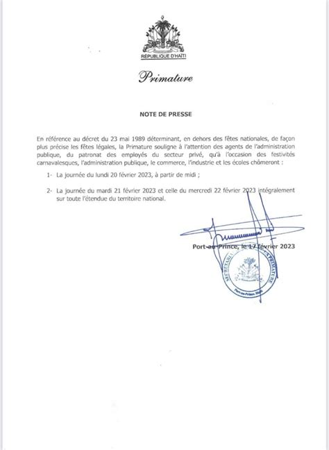 Haïti La Primature annonce le congé carnavalesque Centre infos