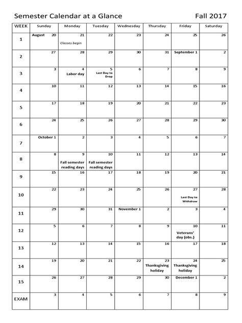 Semester Calendar Fall 2017 Pdf Academic Term Holidays