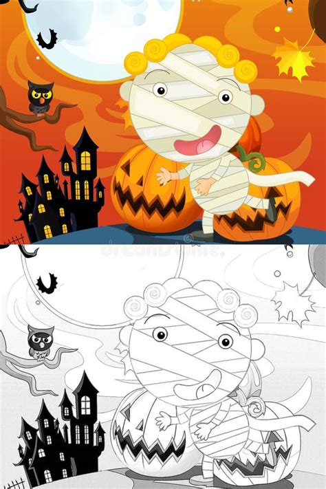 Cartoon Halloween Scene with Sketch Illustration Stock Illustration ...