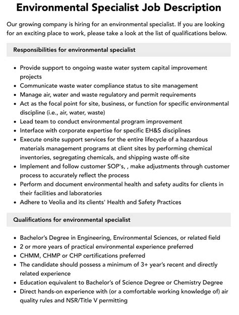 Environmental Specialist Job Description Velvet Jobs